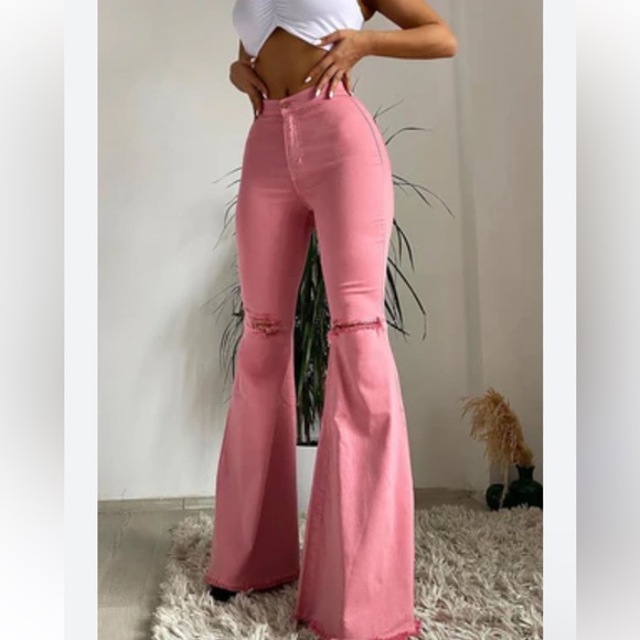 Fashion Nova extreme flare leg pants blush pink size 11 women’s distressed NWT - Picture 4 of 11
